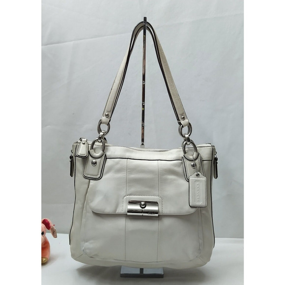 Coach Kristin White Leather Buckle Pocket Double Handle Zipper Tote Shoulder Bag - Picture 1 of 16